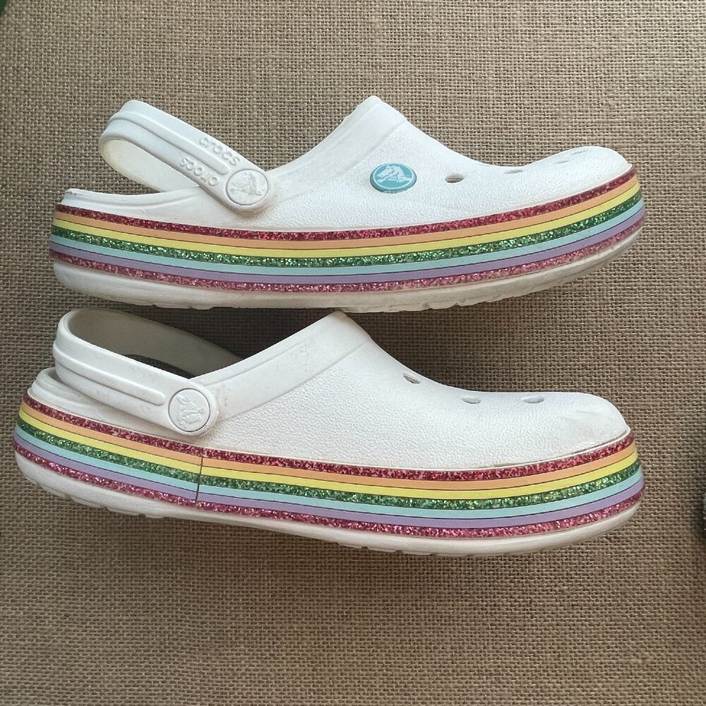 Crocs Crocband Rainbow Glitter Kids Clogs - White, Youth Size 5